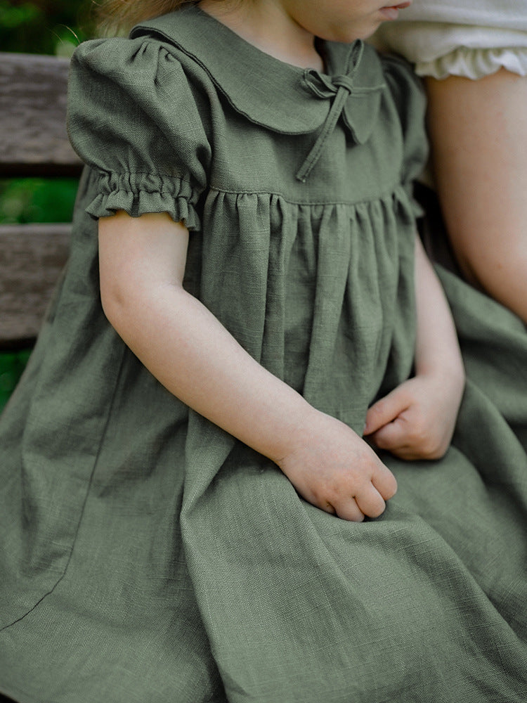 Women's & Children's Linen Doll Collar Comfortable Breathable Back Single-breasted Short Children's Dress