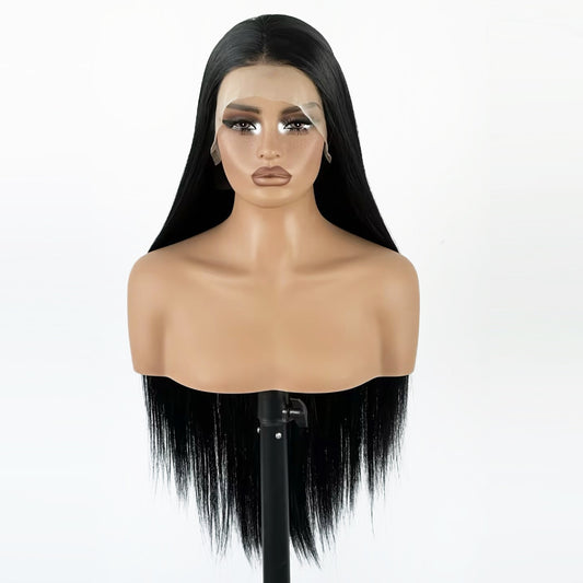 Female Black Hair Matte Fiber Forehead Lace Hand Long Straight Wig