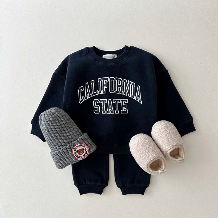 Children's Clothing Boys Suits Lettered Casual Brushed Hoody Warm Children's Suit