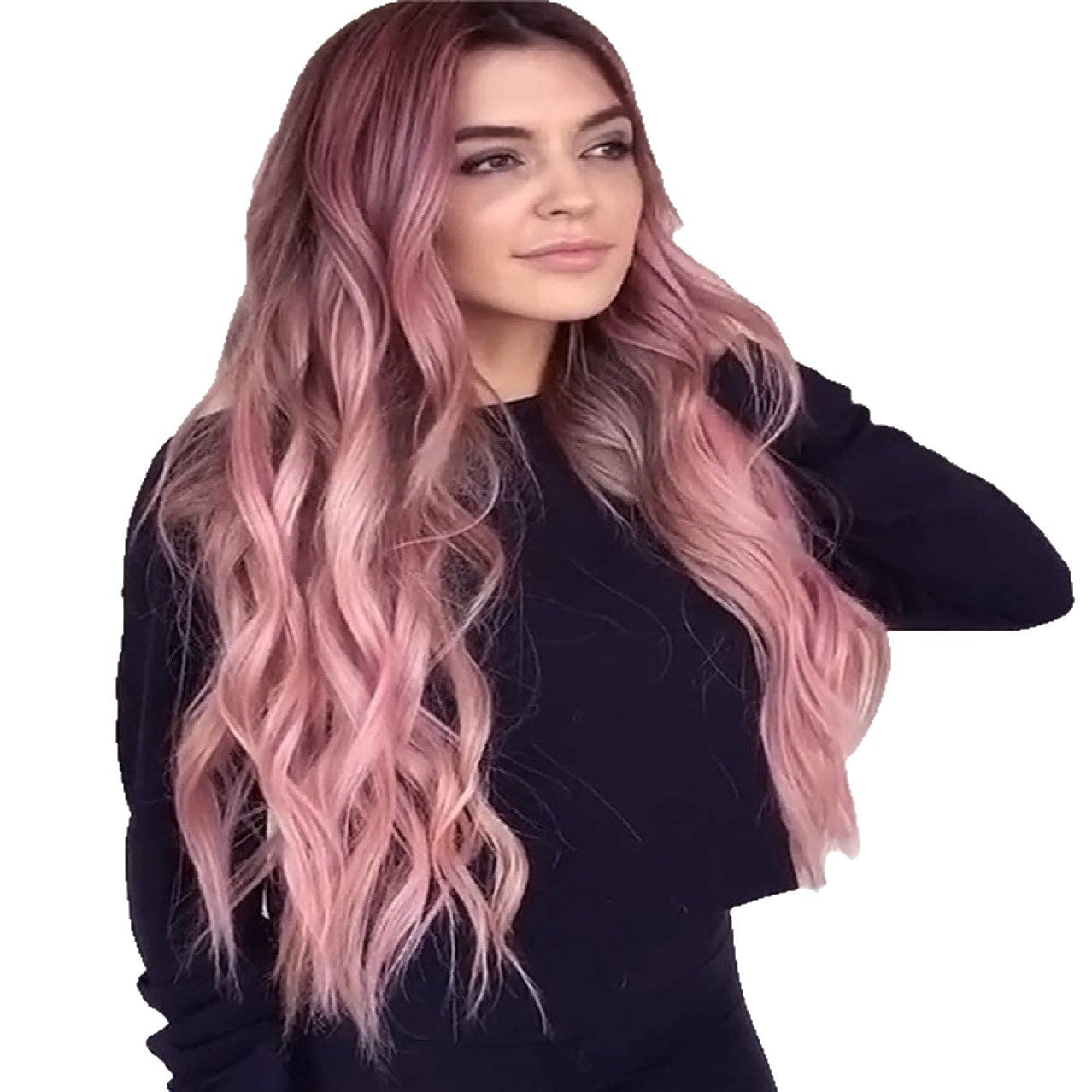 Female Medium Gradient Pink Curly Hair Wig Long Curls