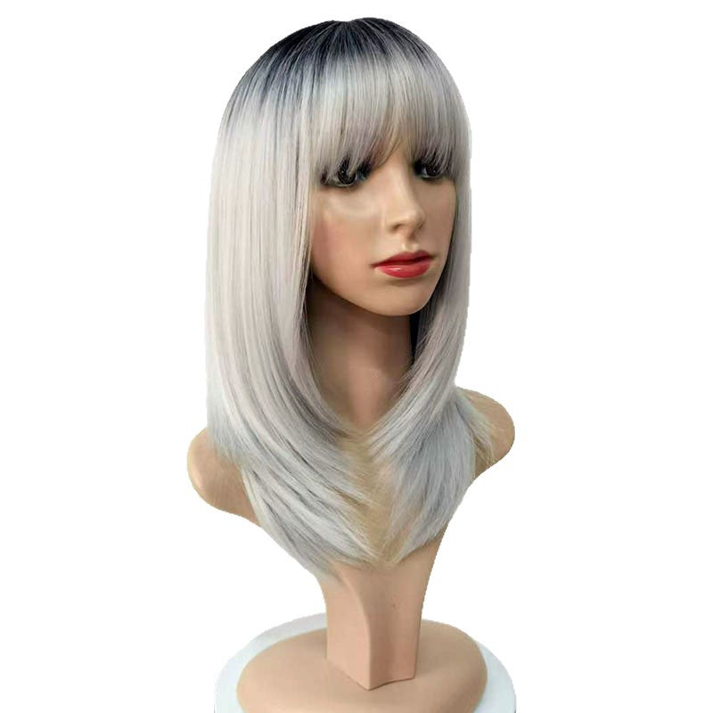 Women's Gradient Gray Mid-length Bangs Fiber High-level Collarbone Length Wig Short Straight Hair