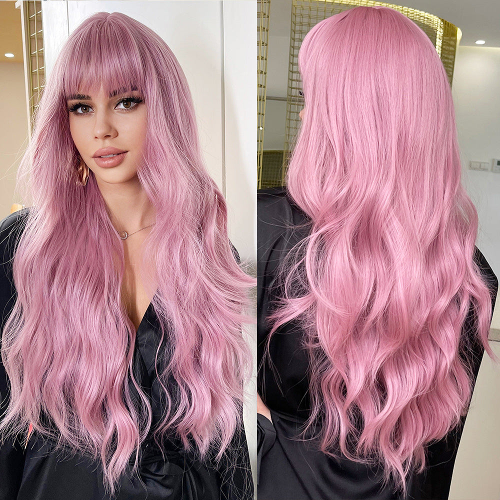 Women's Pink Wigs With Bangs Wave Synthetic Wig Long Curls