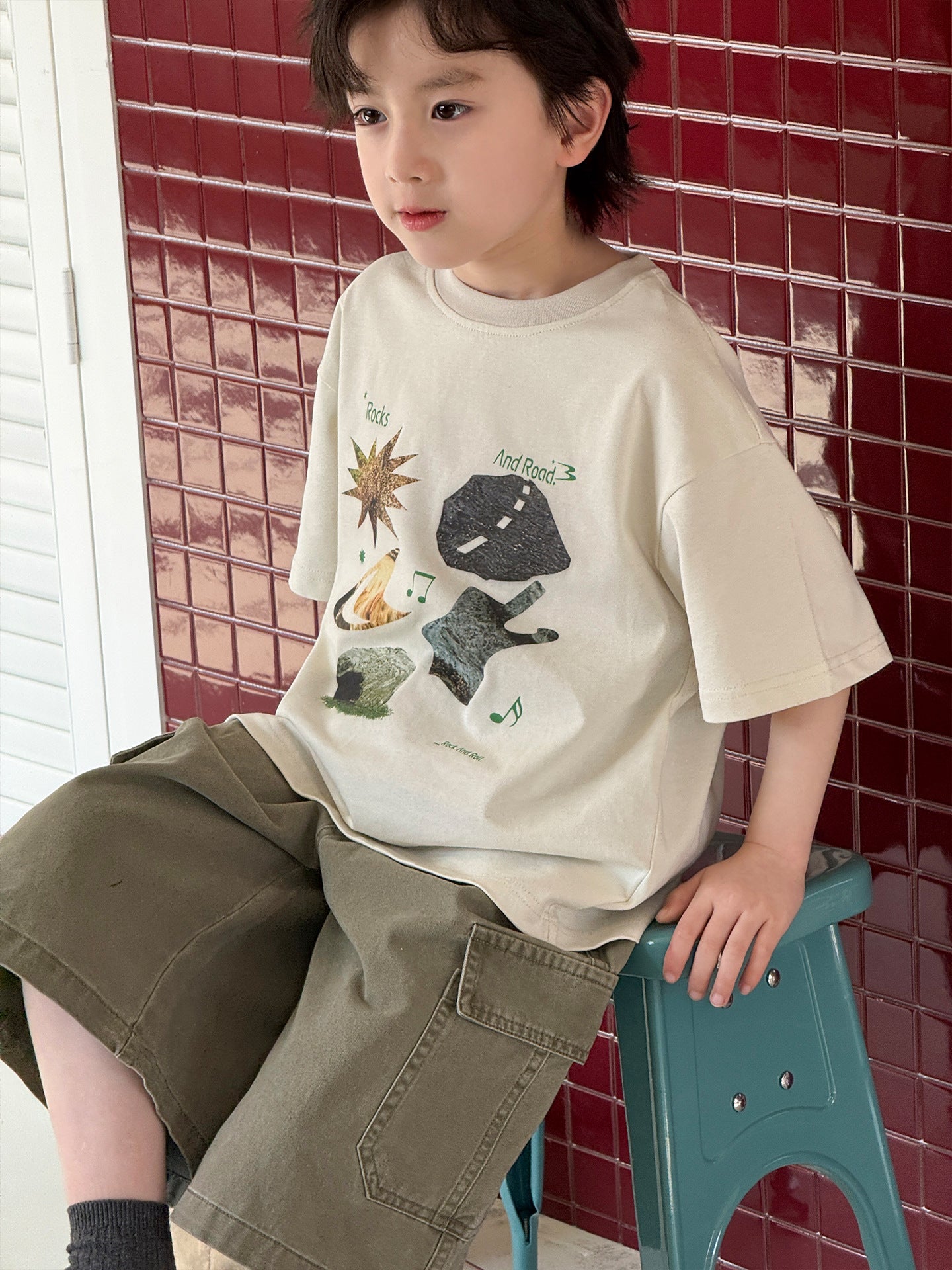 Children's Shirt Style Printed Round Neck Pullover Leisure Boys Loose Short Children's T-shirt
