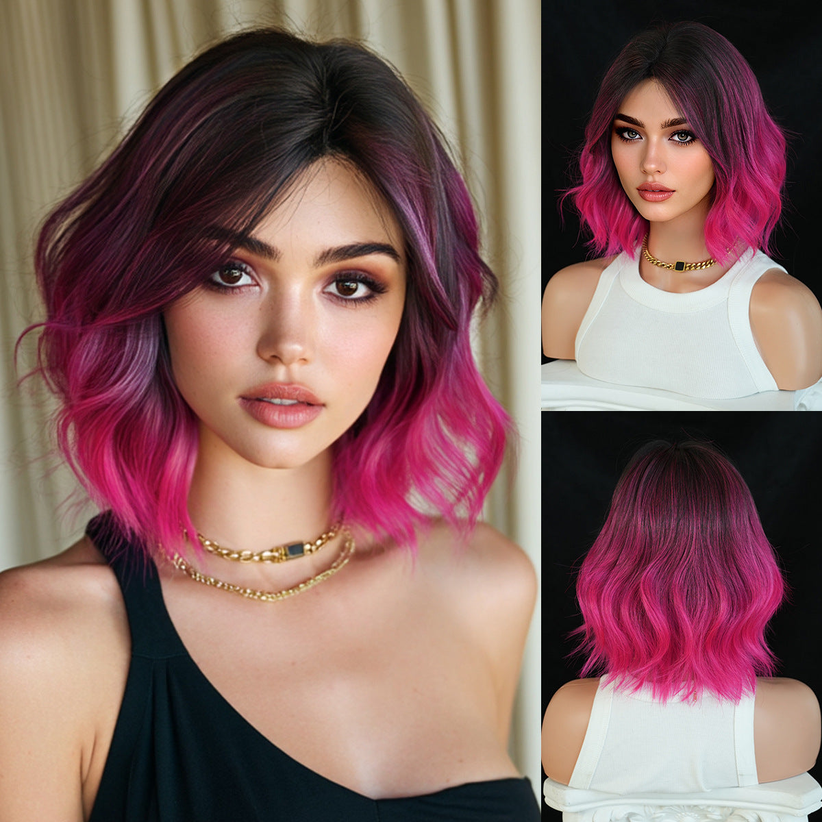 High Quality Gradient Short Curly Hair Medium Wave Mechanism Rose Wig Long Curls