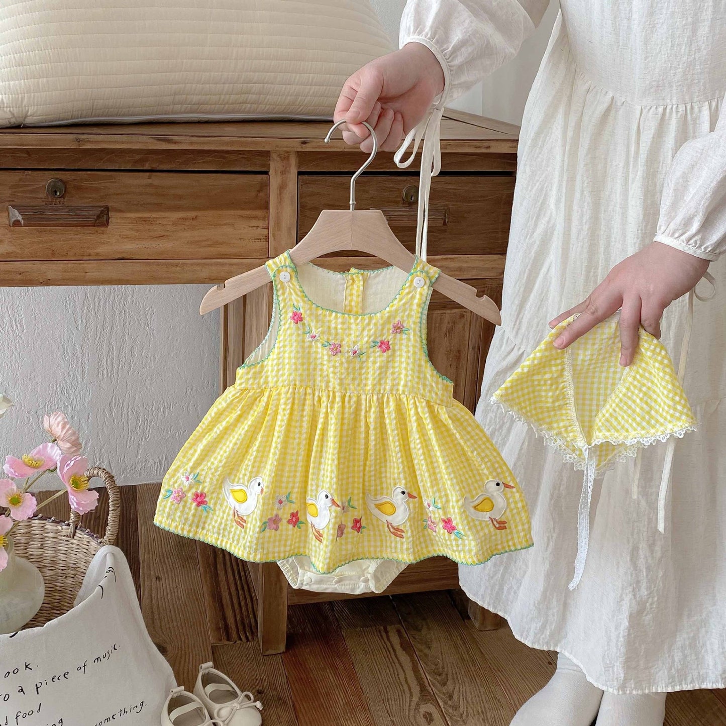 Clothes Summer Dress Cute Duck Yellow Plaid Romper Group Sleeveless Jumpsuit, Climbing Suit