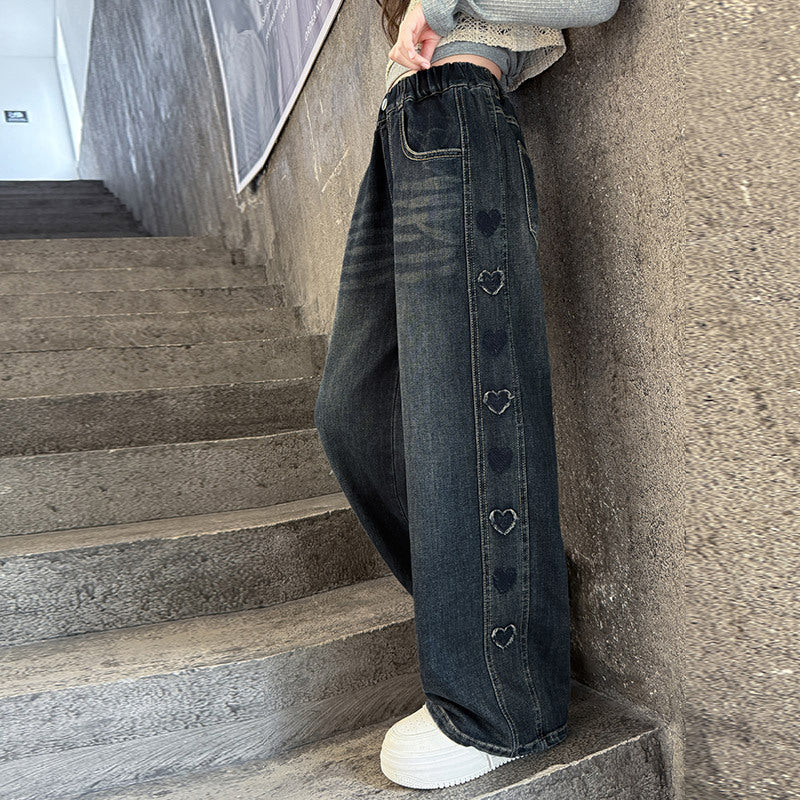 Side Frayed Heart Jeans Korean Style Western Children's Pants