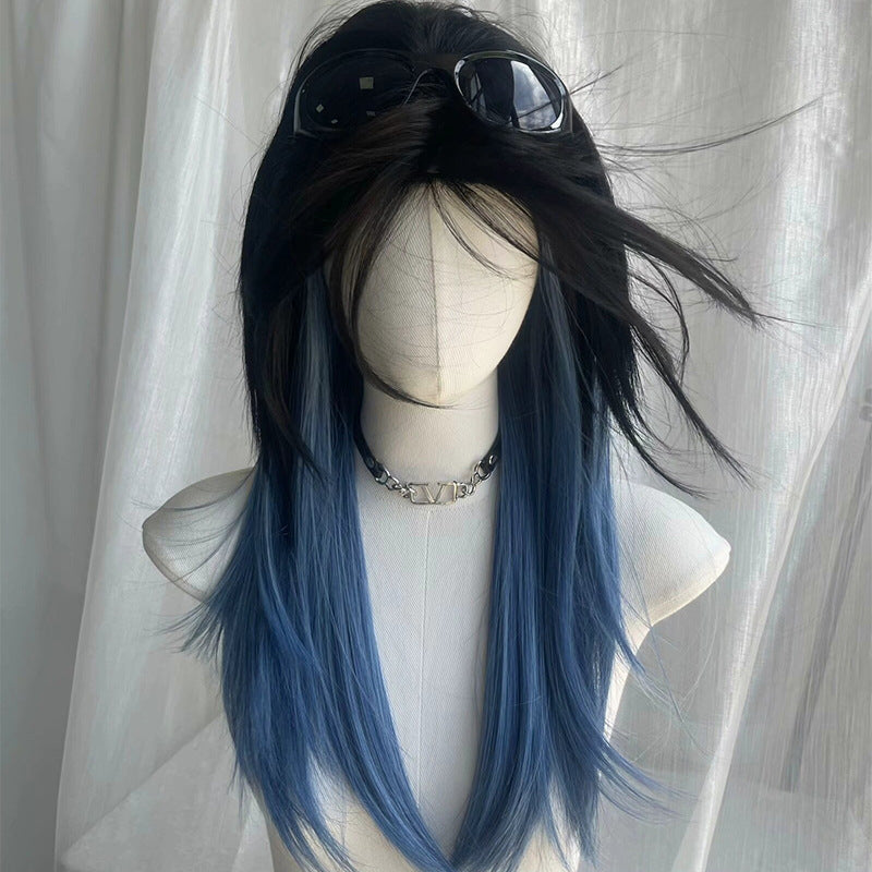 Gradient Anchovy Head Wolf Tail Fashion Mid-point Collarbone Length Haircut Long Straight Wig