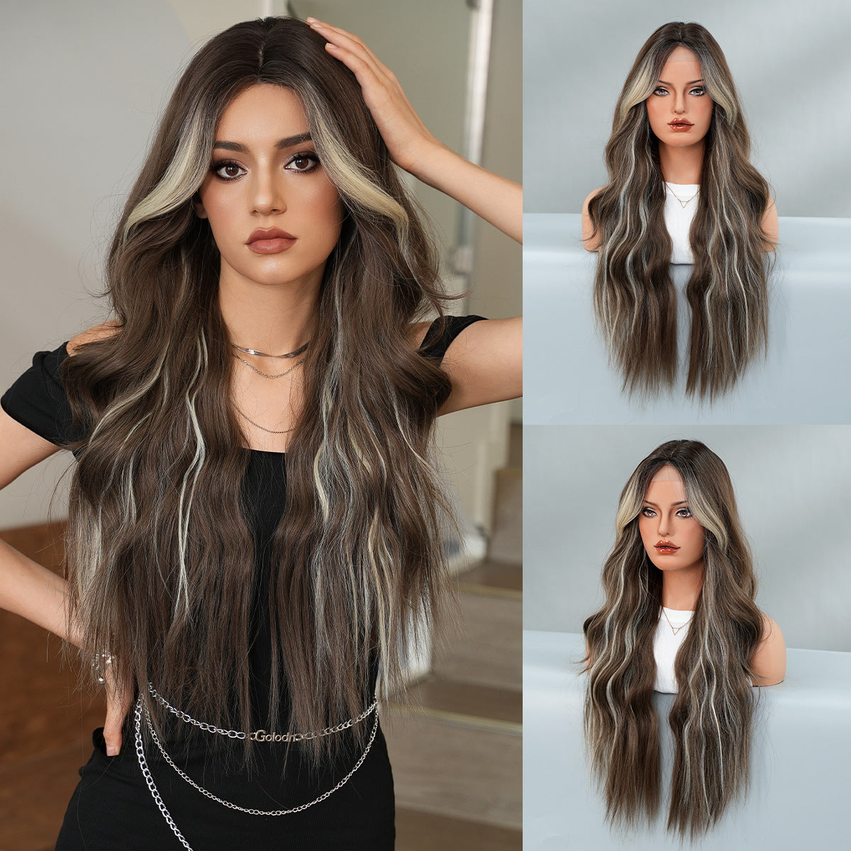 Quality Small Lace Female Full Head Forehead Hand Crocheting Natural Wig Long Curls