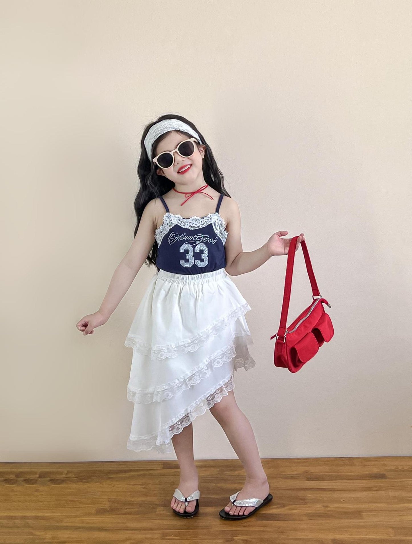 Sweet Spicy Style Lace Printed Strap Irregular Edge Stitching Safety Children's Suit