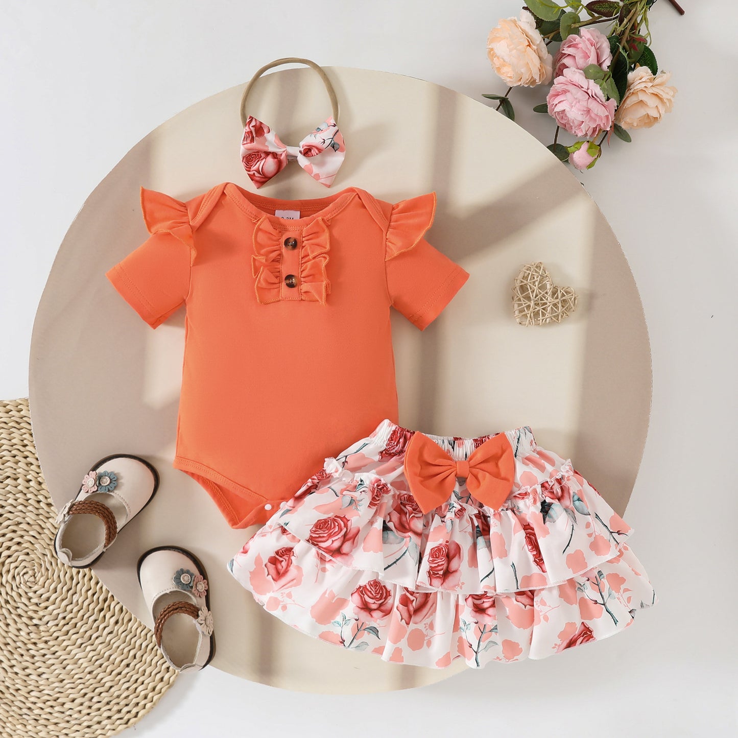 Floral Pattern Skirt Short Sleeve Top Double Layer Children's Suit