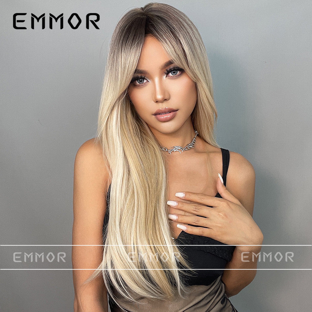 Wind Black Gradient Golden Bangs Hair Curling Wig Long Curls