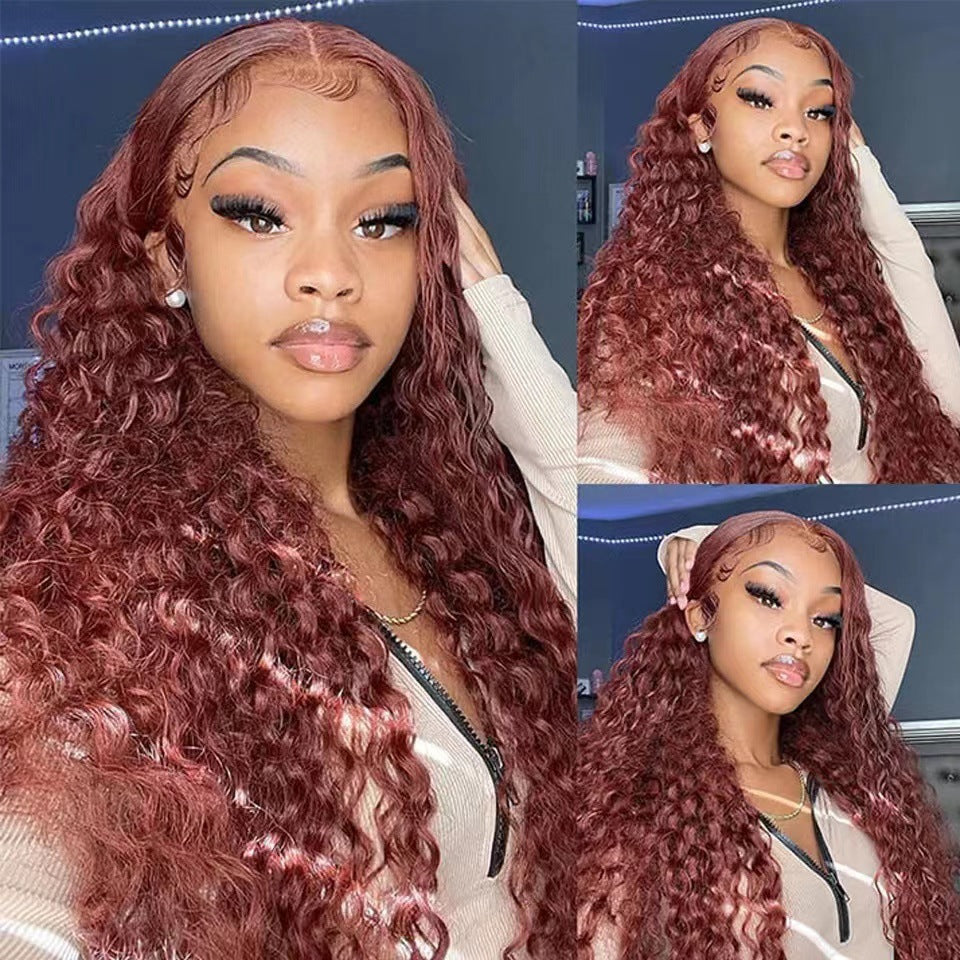 African Small Curly Wine Red Lace Wig Long Curls