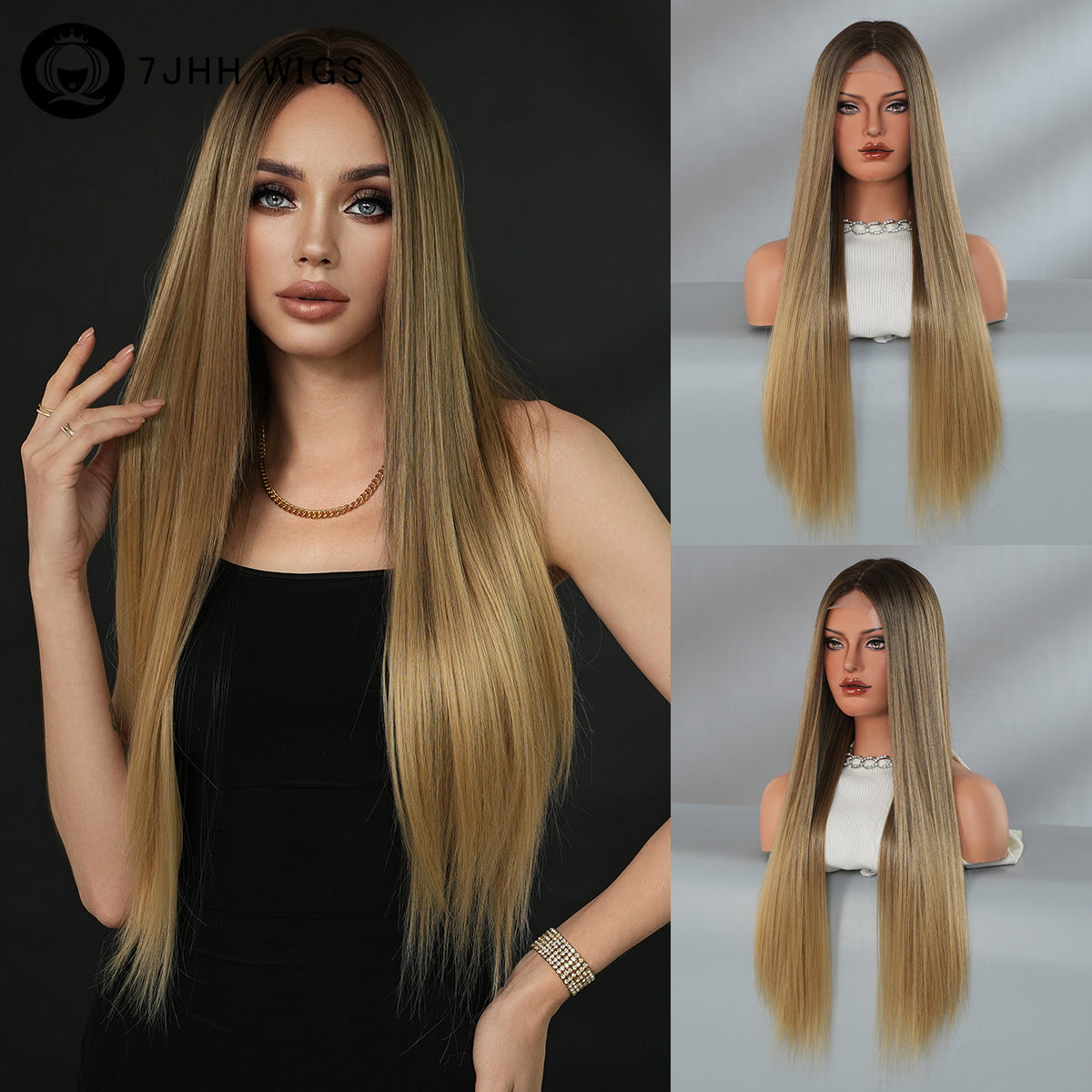 Women's Small Lace Super Hair Gradient Golden Mid-point Long Straight Wig