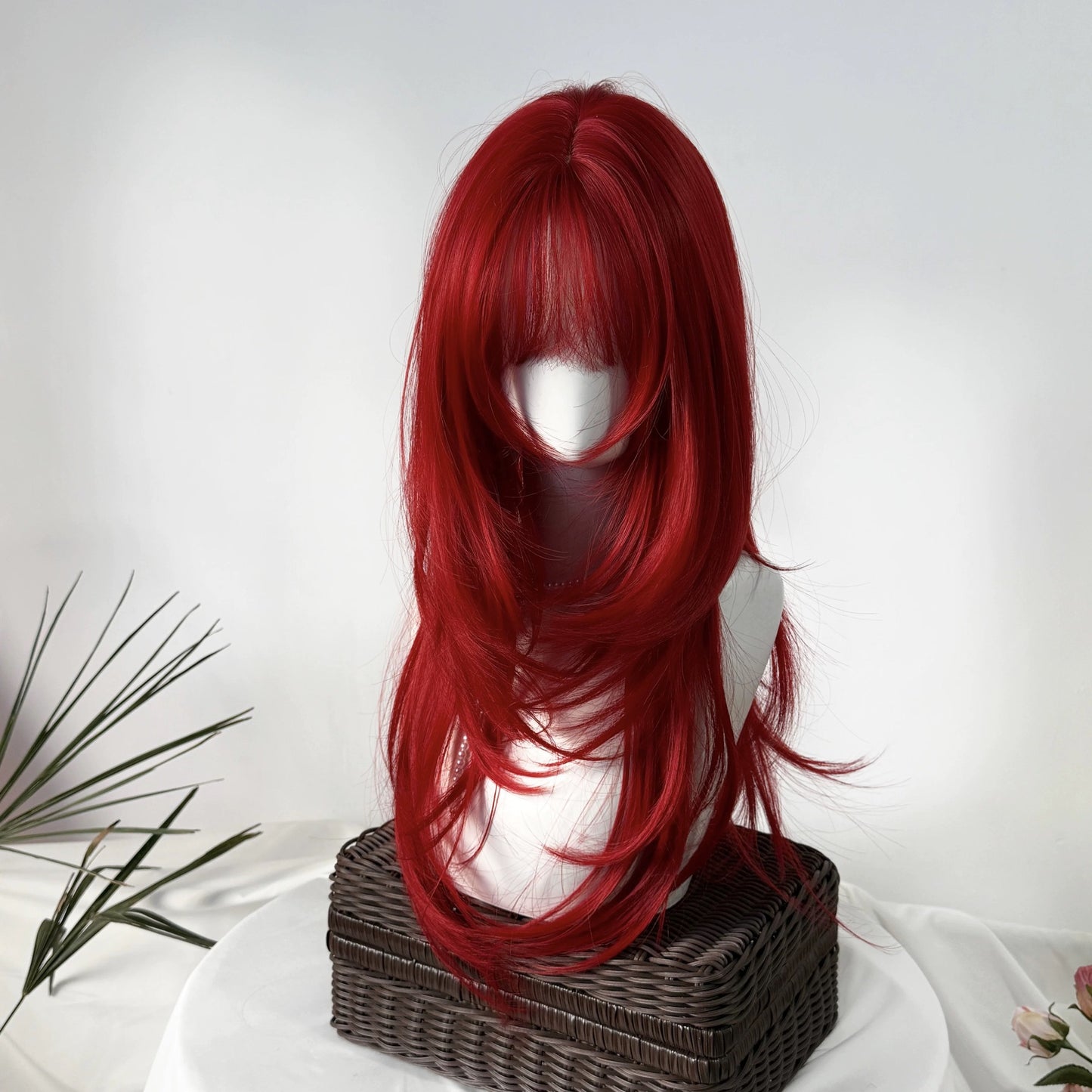 Women's King Red Bangs Hair Layered White Artificial Scalp Full Long Straight Wig