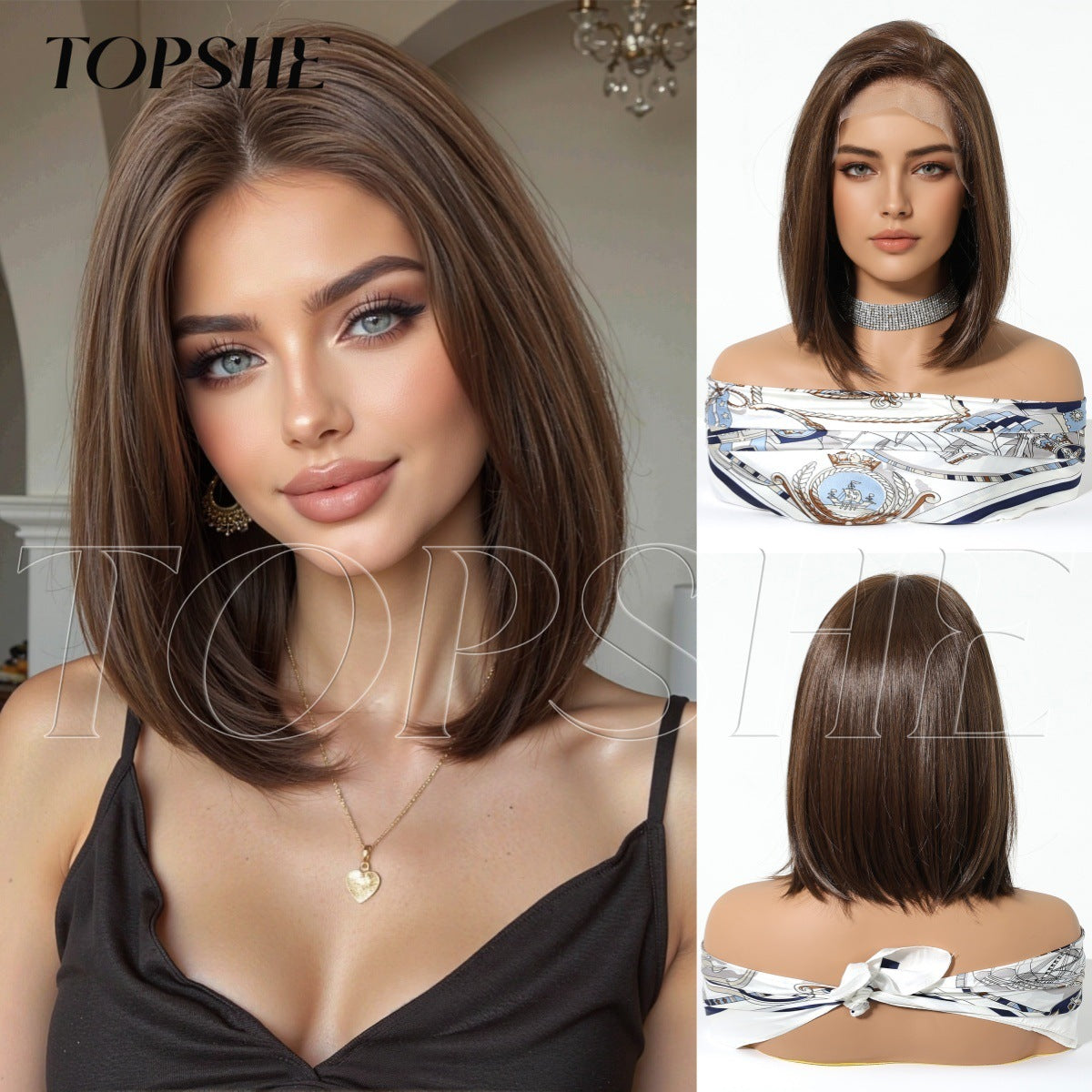 Area Lace Dark Brown Natural Realistic Matte Wig Short Straight Hair