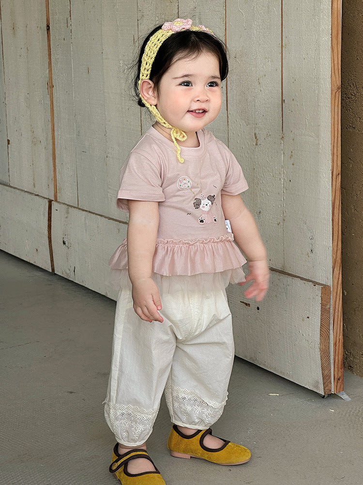 Summer Korean Style Cartoon Print Top Lace Stitching Short Children's T-shirt