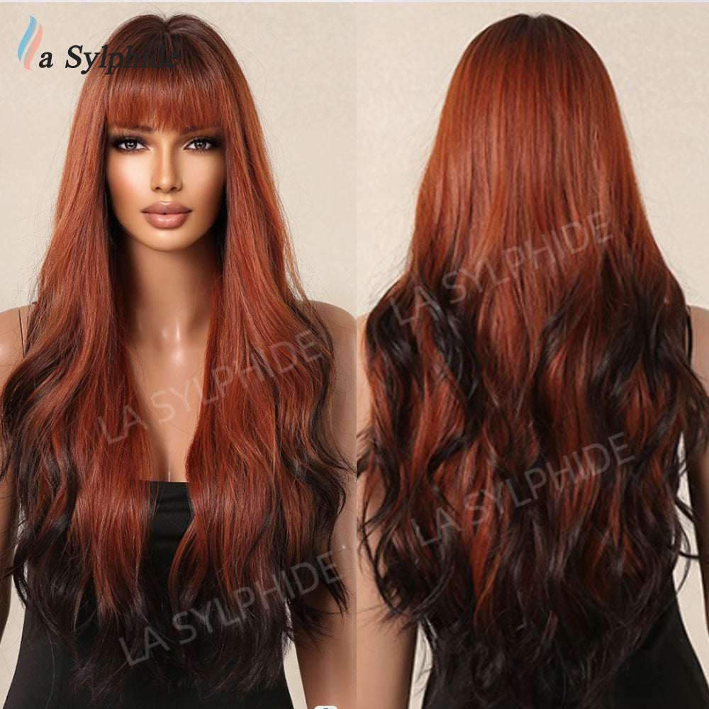 Fringe Curly Hair Highlights Brown Big Wave Wig Long Curls