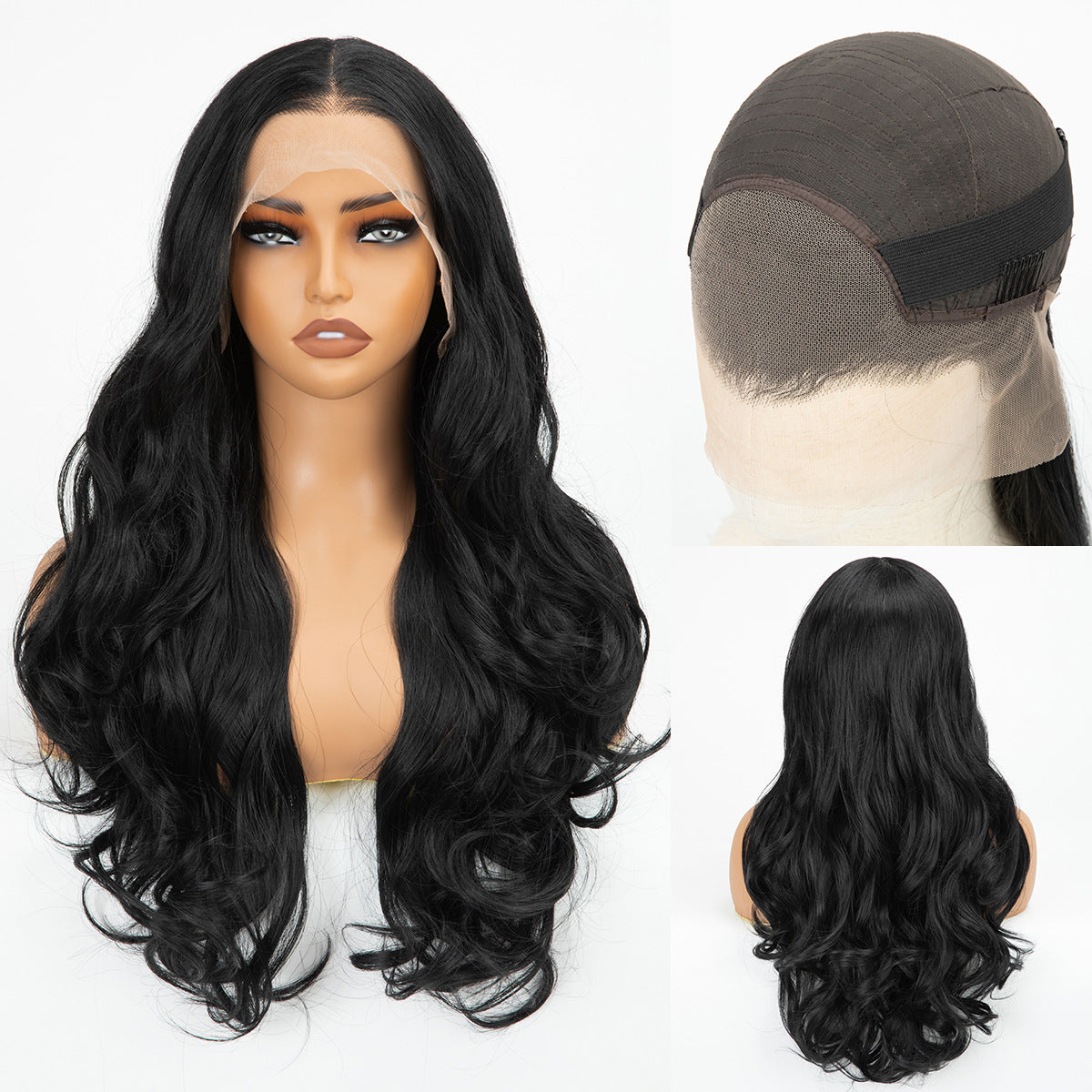Lace Head Cover Black Hand-woven Curly Long Straight Wig