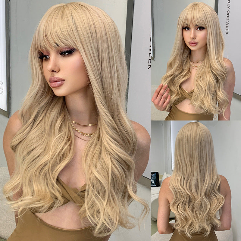 Women's Golden Bangs Big Wave Curly Hair Mechanism Wig Long Curls