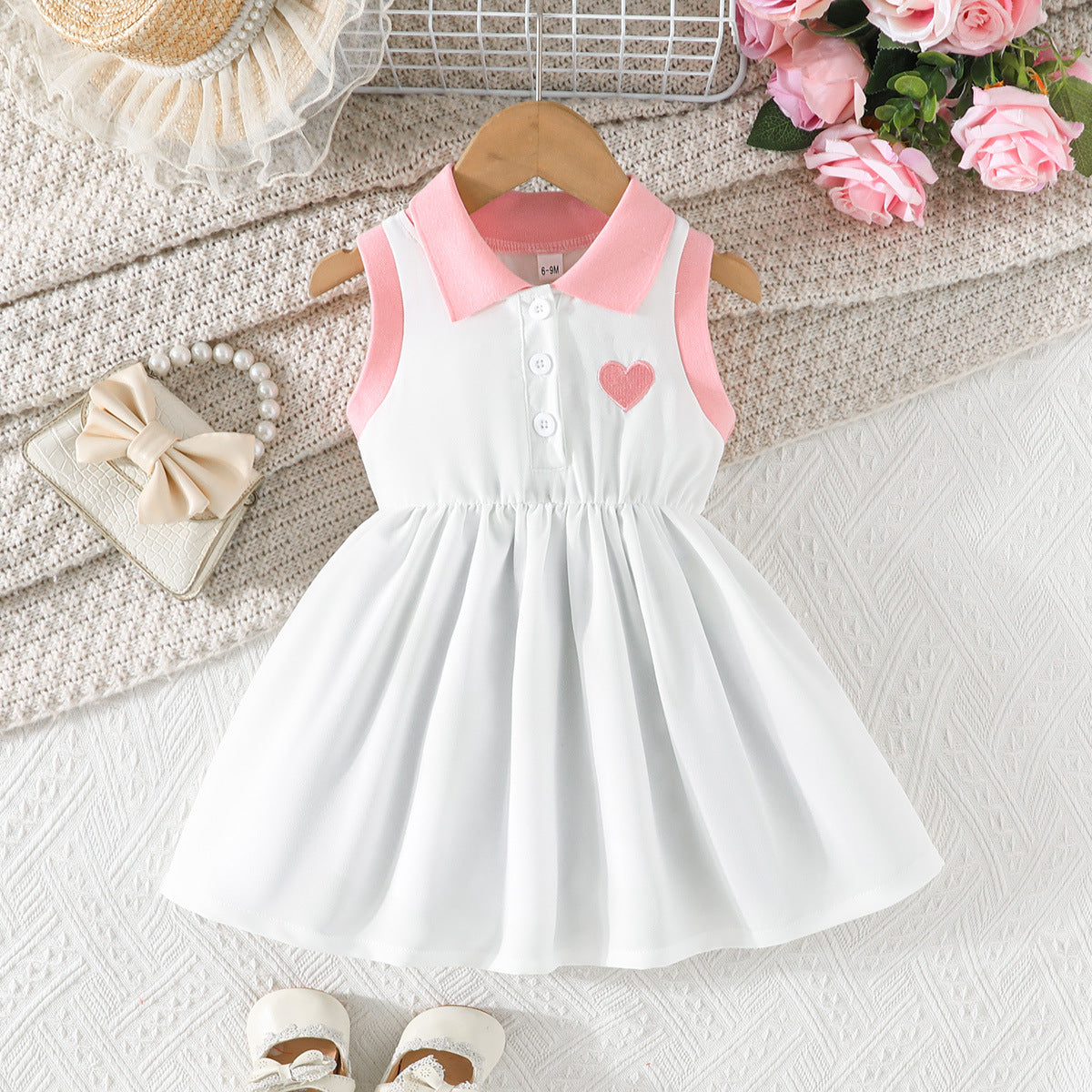 Summer Love Embroidered Lapel Sleeveless Waist Children's Dress
