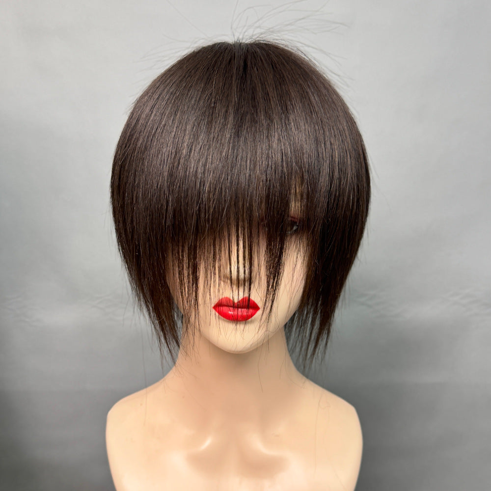 Women's Hand-woven Delivery Needle Mother's Sheath Real Wig Short Curly Hair