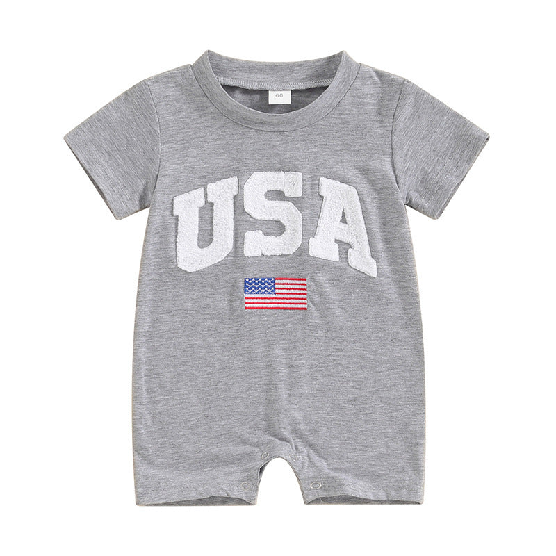 Children's Independence Day Romper Infant Toddler Alphabet Embroidery Short Sleeve Jumpsuit, Climbing Suit