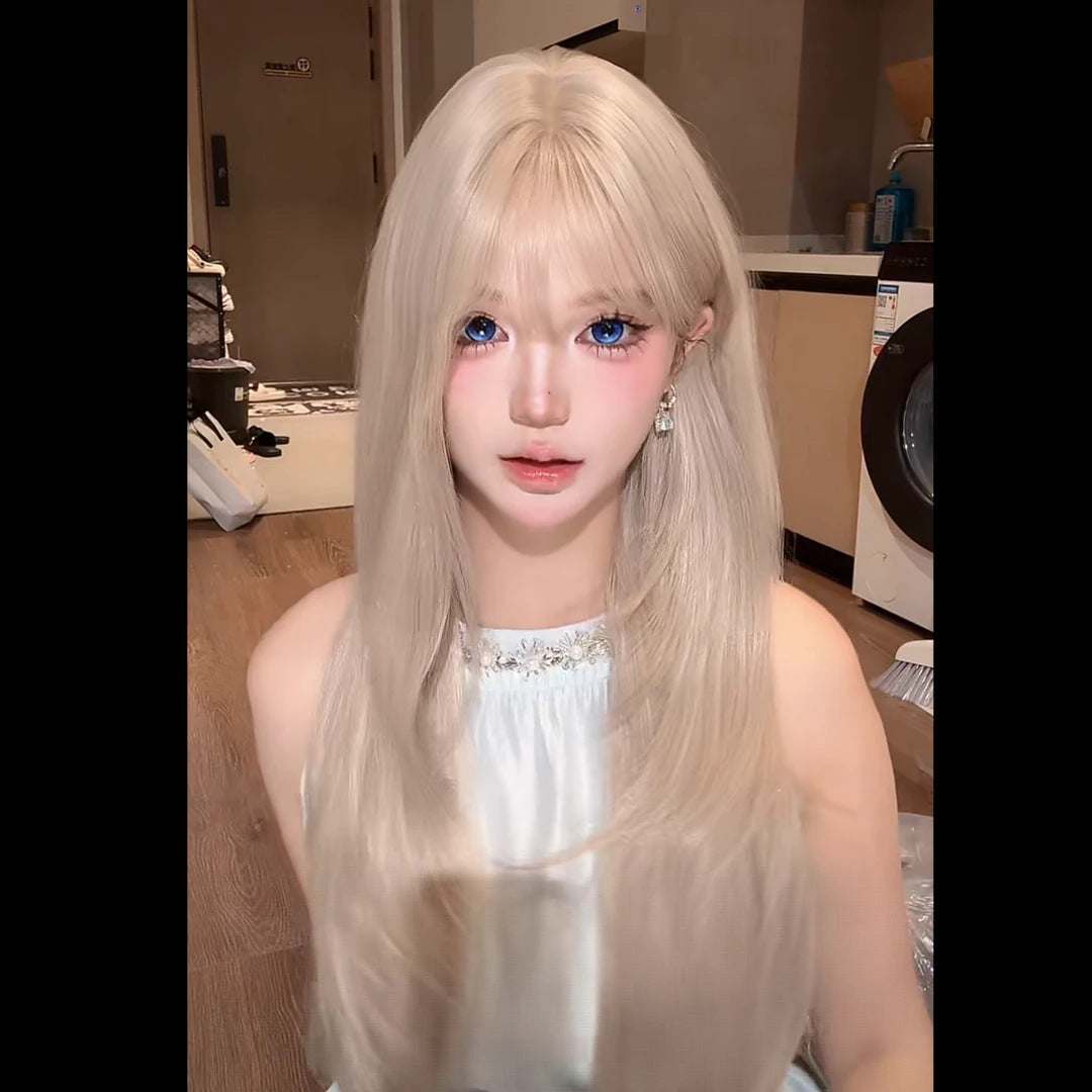 Women's Coney Milk Tea White Gold Color Bangs Long Straight Wig