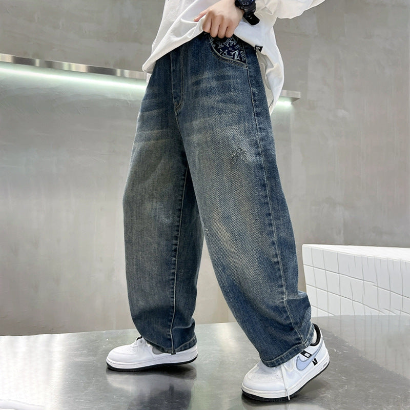 Children's Boys Autumn Clothing Jeans Western Style Medium Big Casual Loose Children's Pants