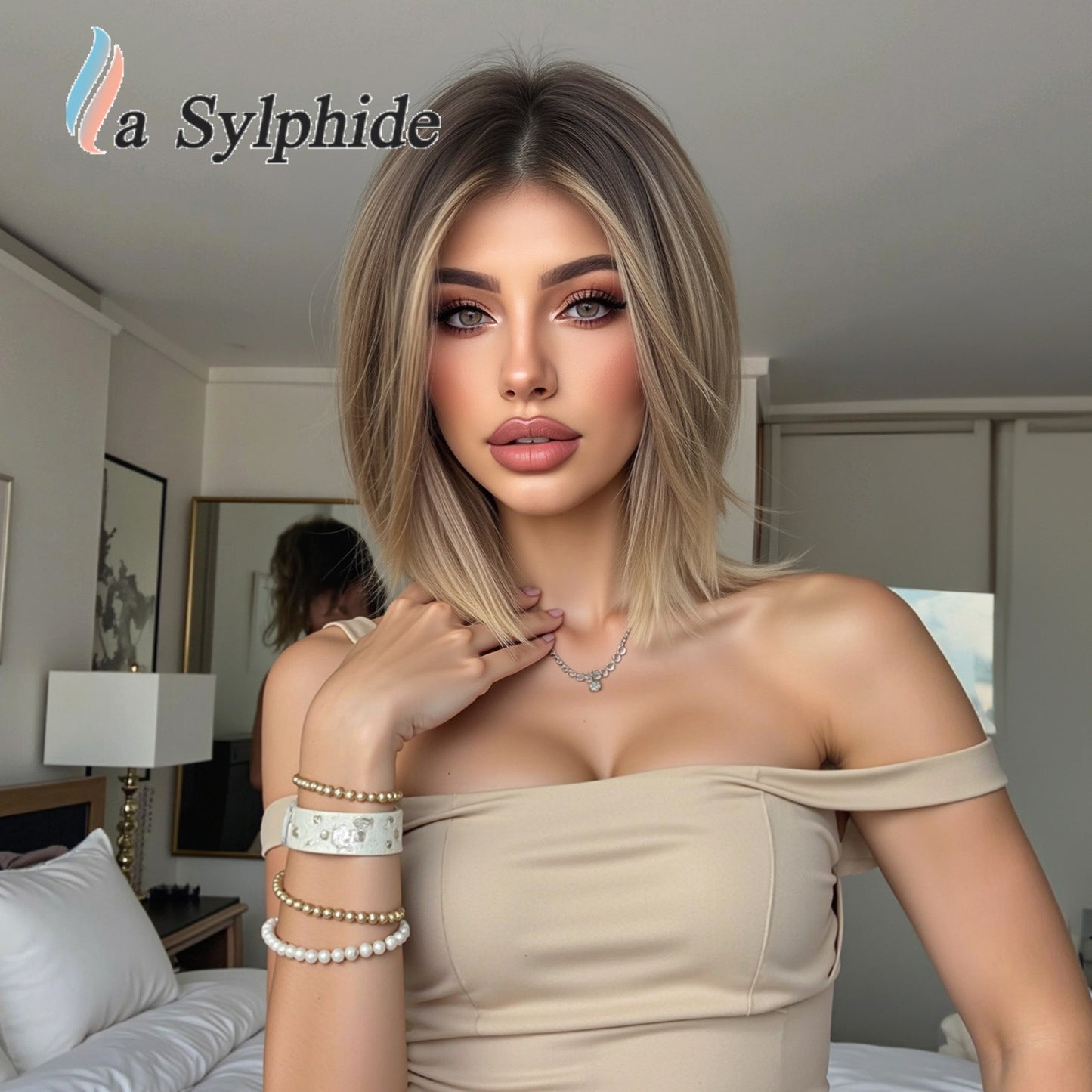 Female Brown Gradient Mid-point Fashion Overseas Wig Short Straight Hair