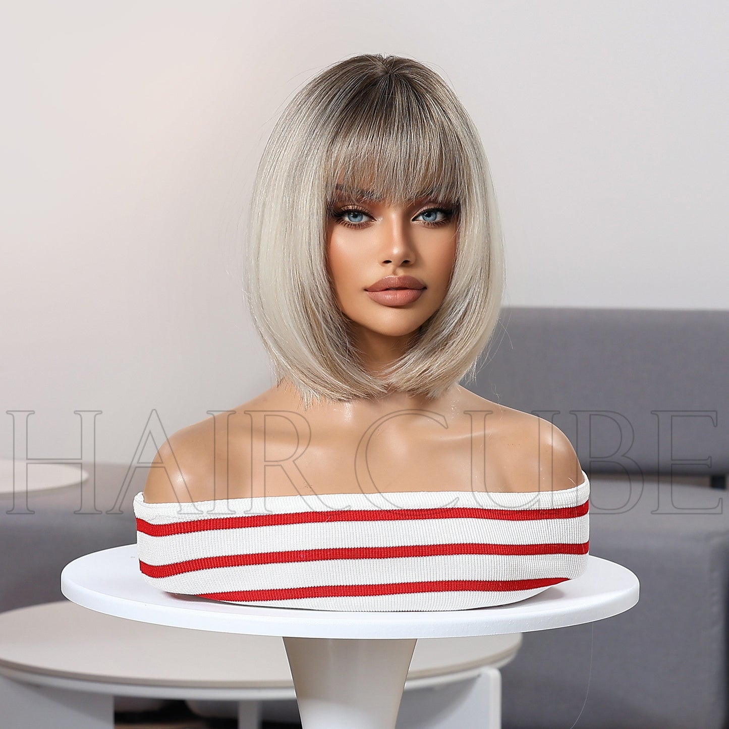 Head Cover Golden Dyed Bangs Summer Wig Short Straight Hair