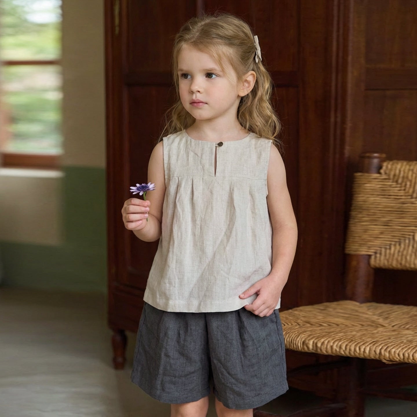 Children's Round Neck Hem Loose-fitting Peasant Blouse Sleeveless Vest Children's T-shirt