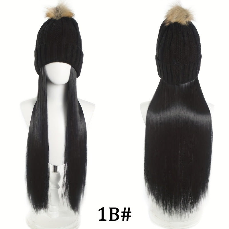 Hat Integrated Black Knitted Beret Golden Long Straight Hair Chemical Other Wig