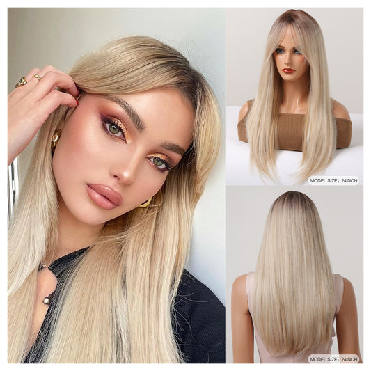 White Gold Color Bangs Hair Natural Realistic Long Straight Wig