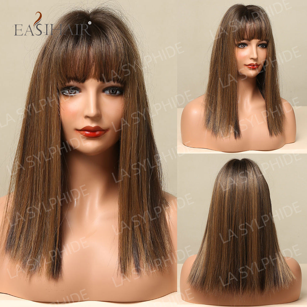 Synthetic Bob With Bang Brown Hair Long Straight Wig