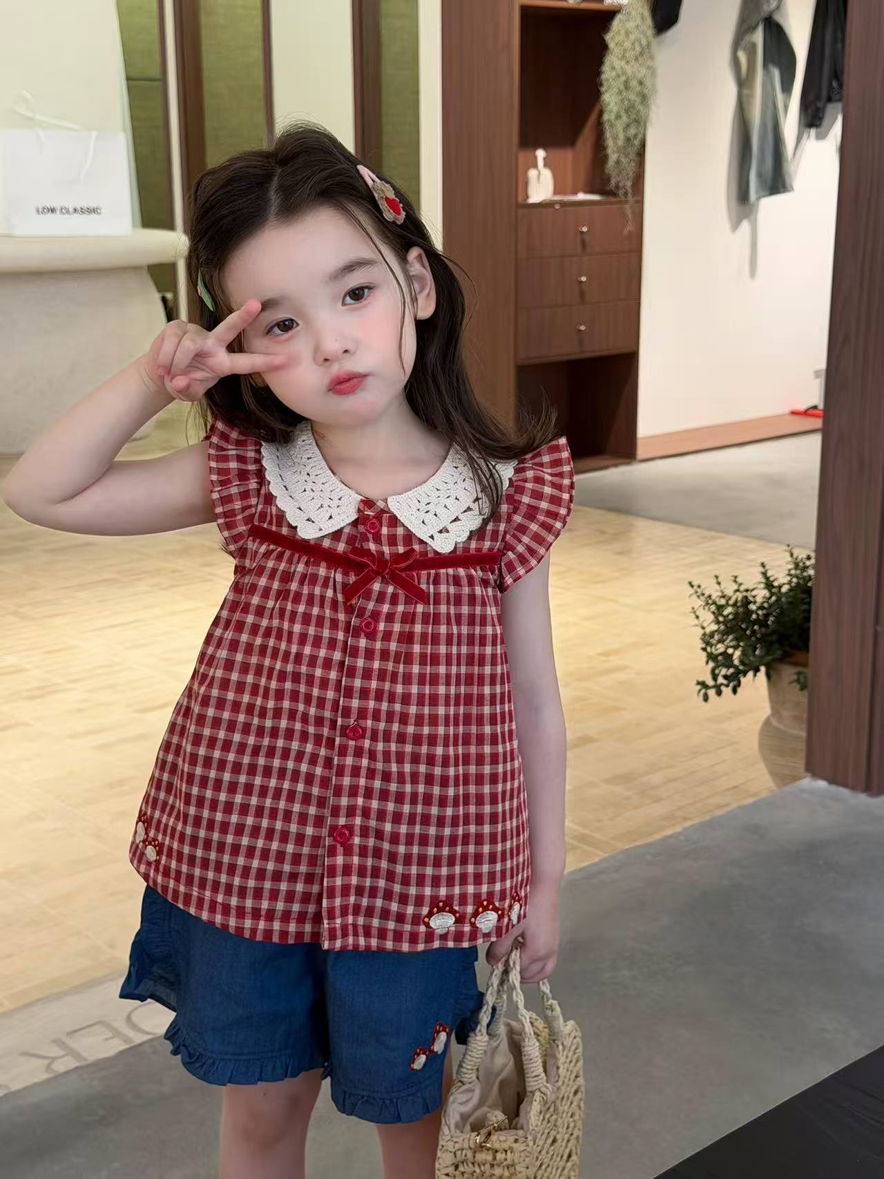 Shorts Suit Style Plaid Flying Sleeve Children's Shirt