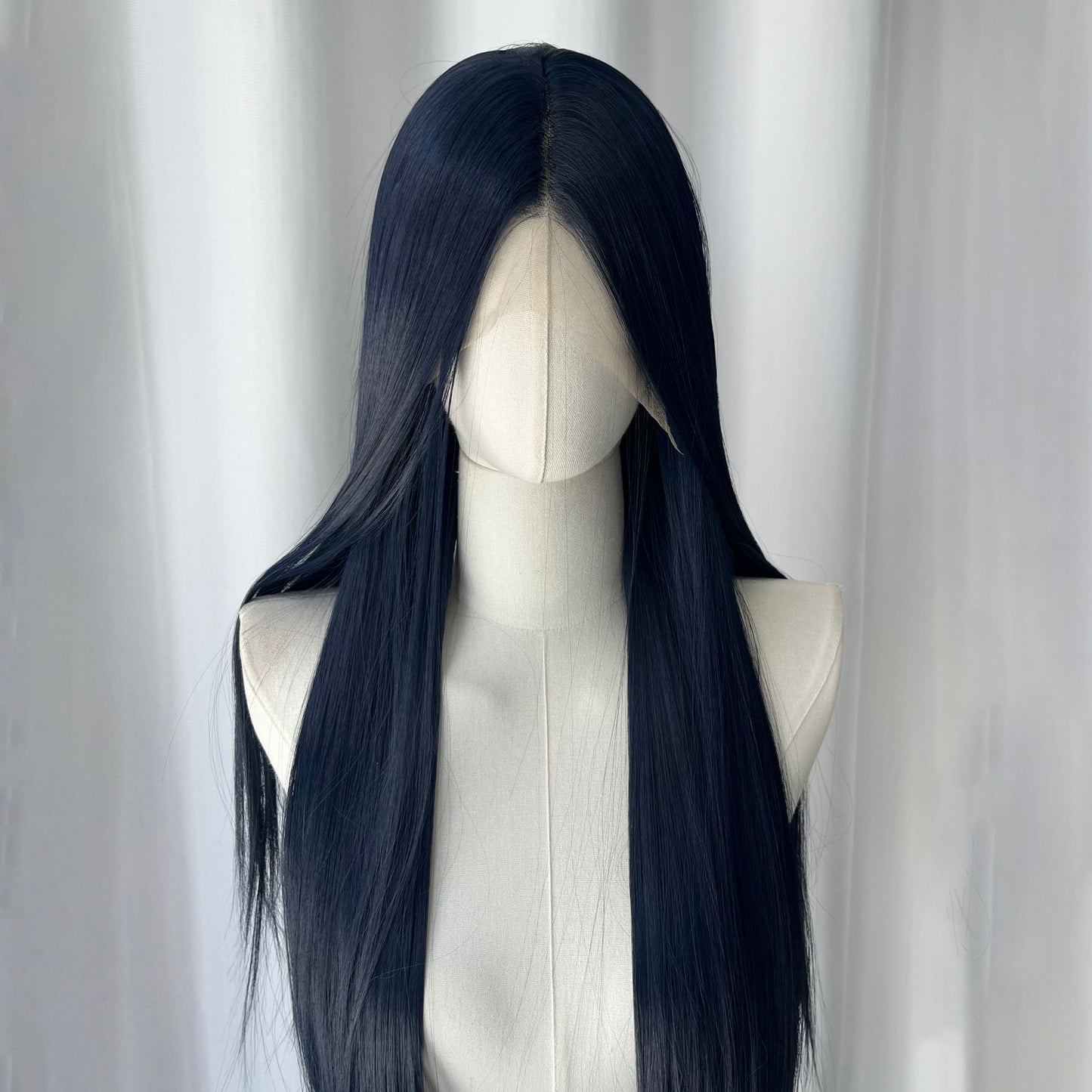 Universal Blue Color Head Cover Hand Crochet Embryo Forehead Lace Long Straight Wig