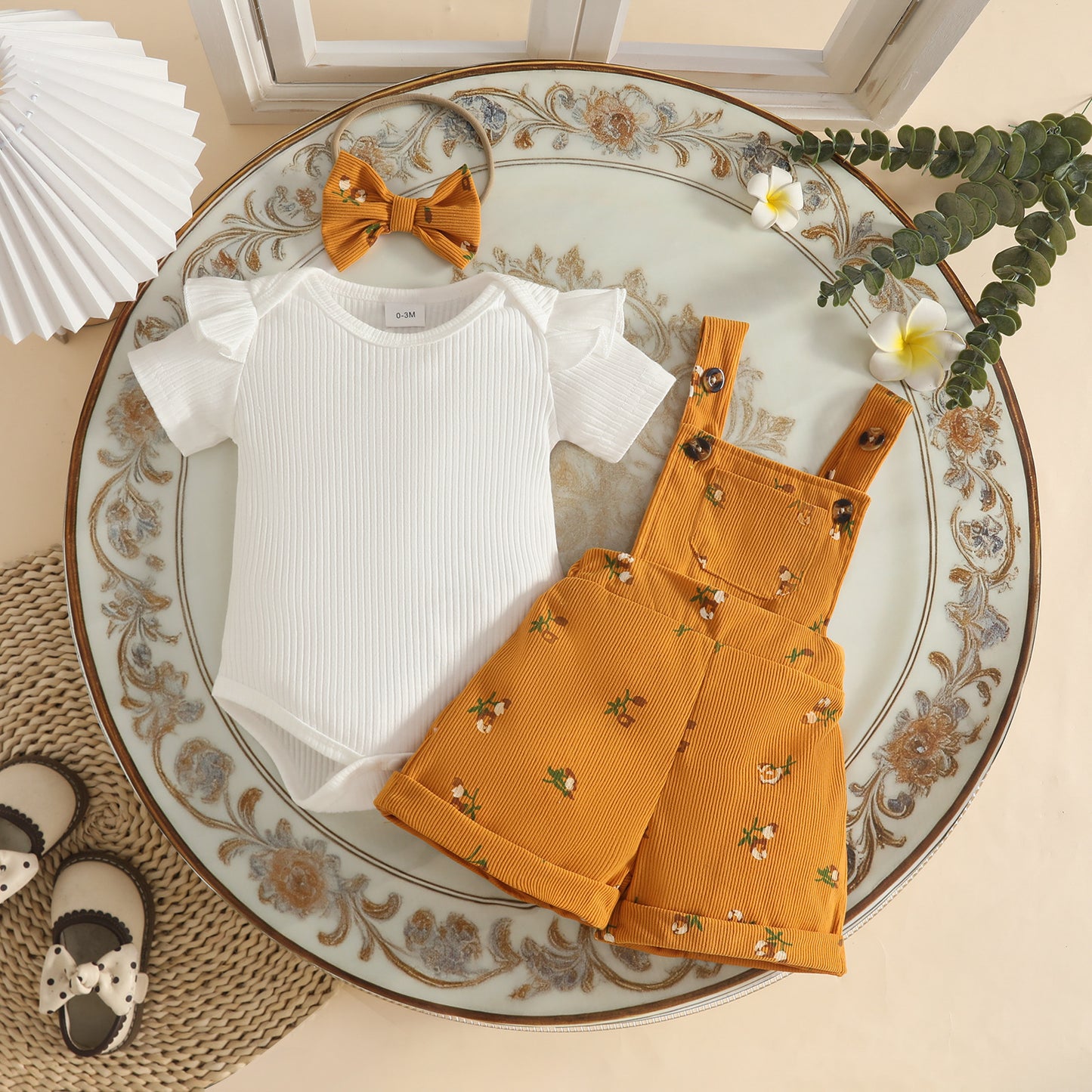 Summer Sunken Stripe Ruffled Short Sleeves Top Corduroy Flower Children's Suit