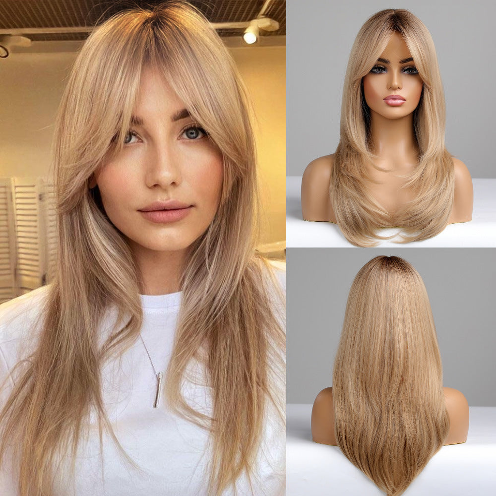 Gradient Gold Black Brown Mid-length Straight Hair Wig Long Curls