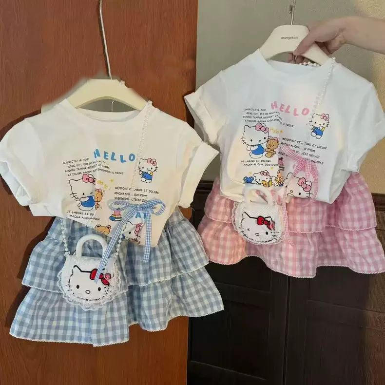 Sweet Cat Short-sleeved T-shirt Plaid Korean Style Fashionable Princess Two-piece Children's Suit