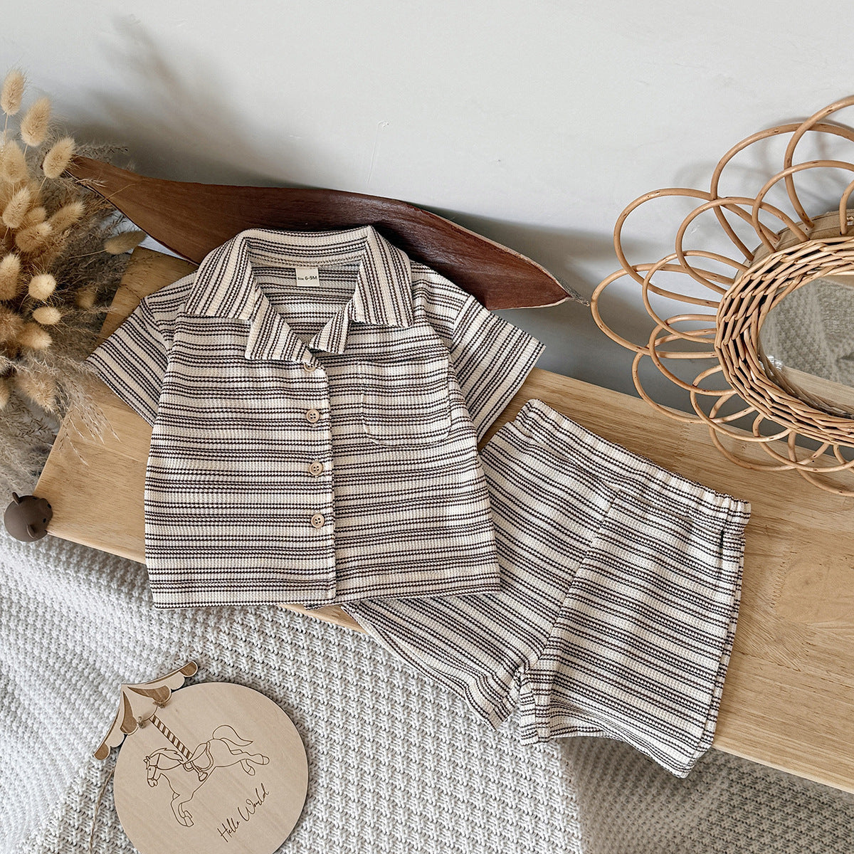 Children's Solid Color Narrow Striped Button Two-piece Children's Suit