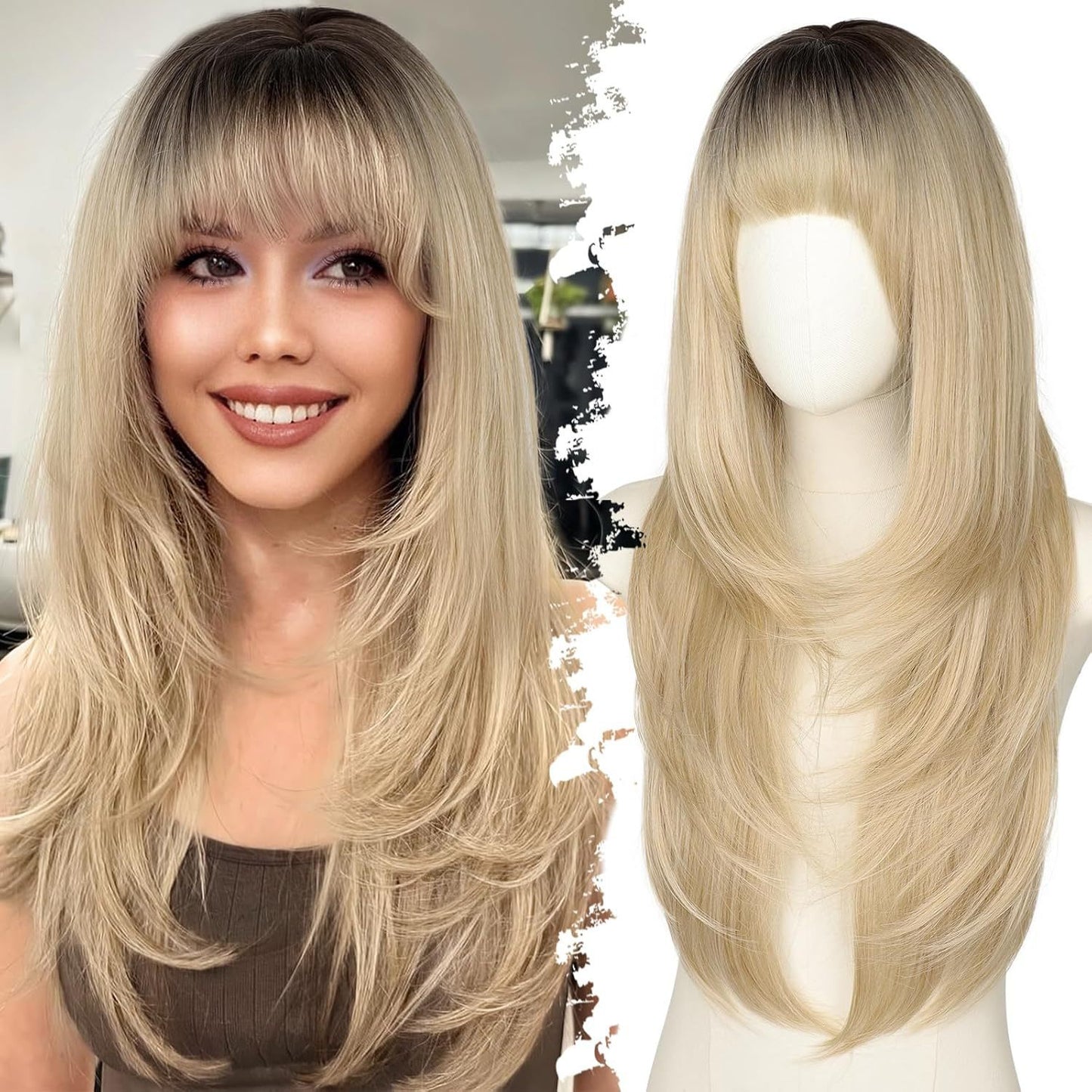 Female Straight Bangs Layered Hair Scalp Synthetic Wig Long Curls