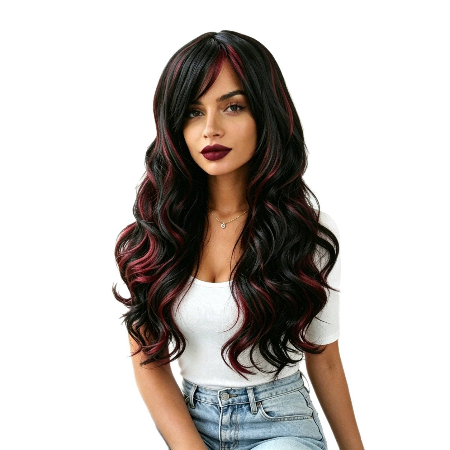 Highlight Mixed Color Bangs Big Wave Wig Long Curls