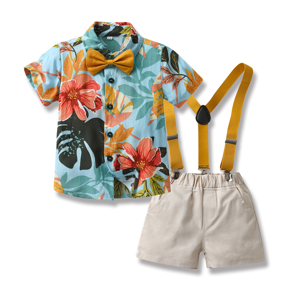 Children's Printed Short-sleeved Cardigan Fashion Strap Shorts Children's Suit
