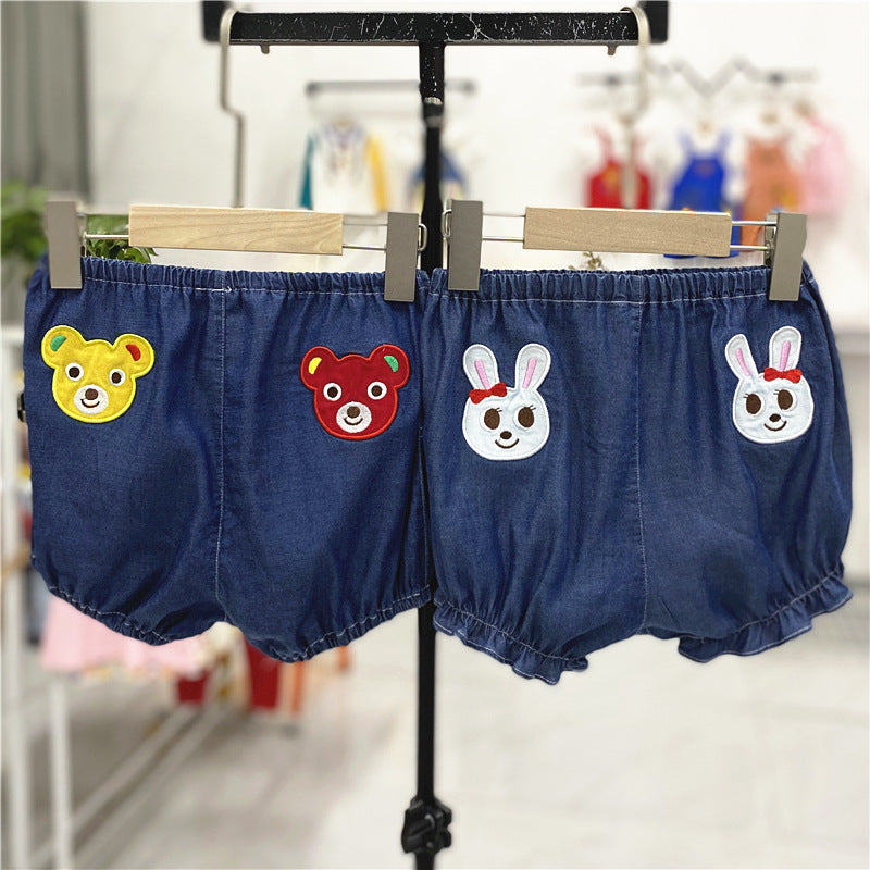 Children's Soft Embroidered Denim Bear Bunny Shorts Big Outer Children's Pants