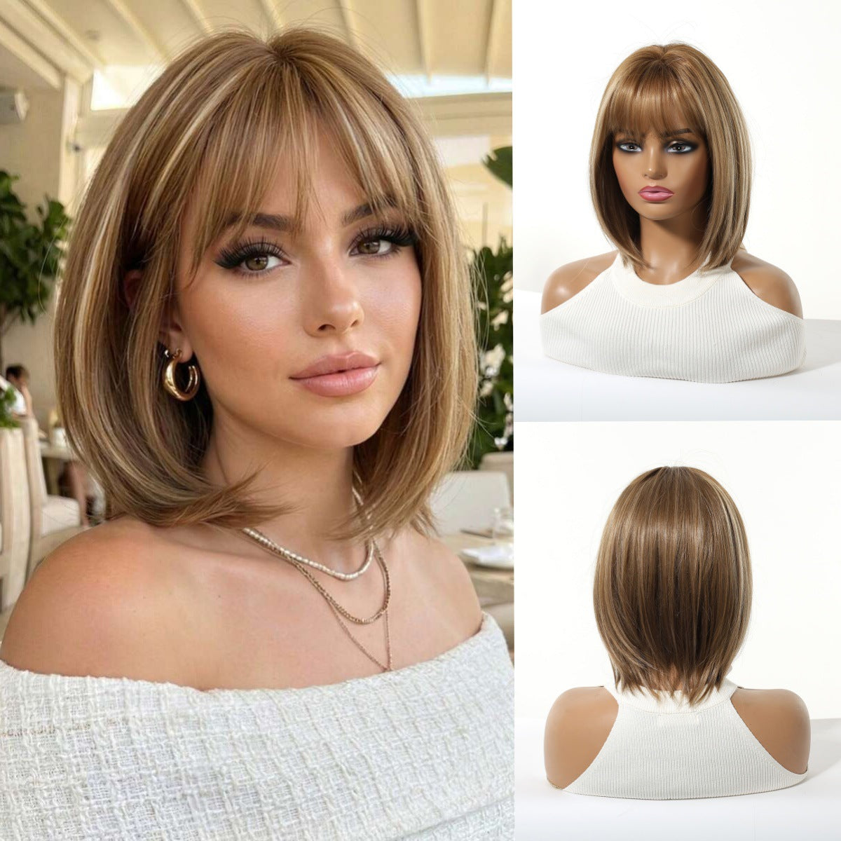 Gradient Brown Highlights Air Bangs Natural Realistic Chemical Fiber Full Wig Short Straight Hair