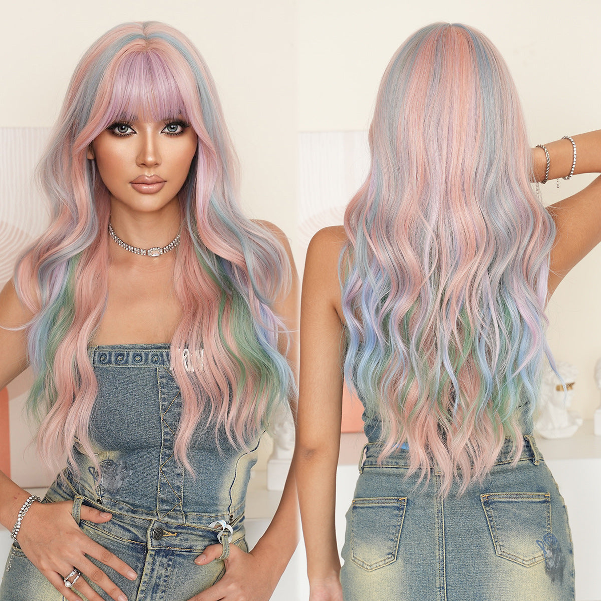 Women's Paris Painting Dyed Rainbow Curly Big Wig Long Curls