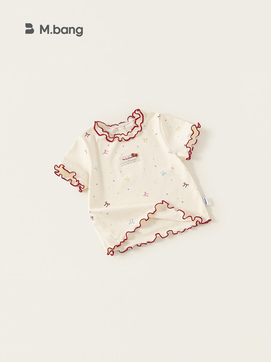 Children's Short-sleeved Contrast Color Wooden Ear Summer Clothes Sweet Bow Children's T-shirt