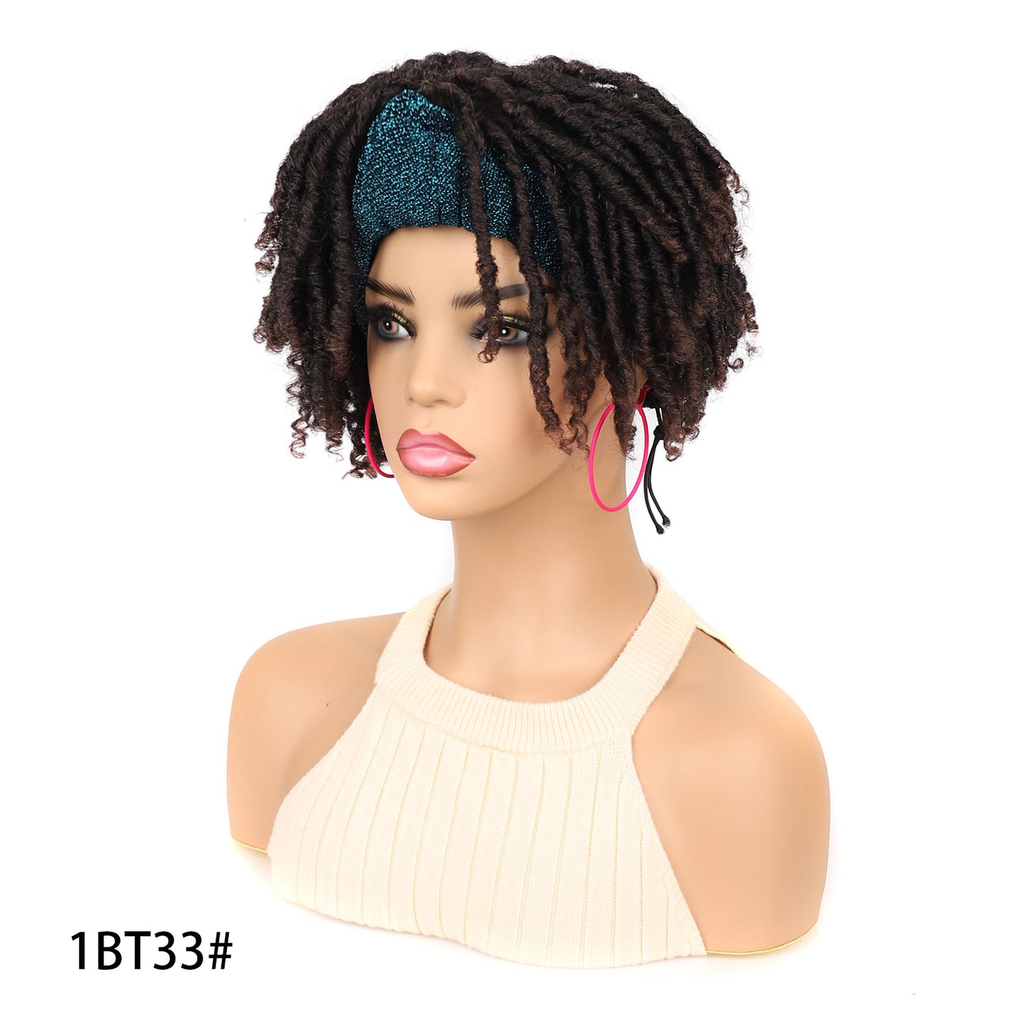 Head Cover Black Blue Turban Dreadlocks Wig Short Curly Hair
