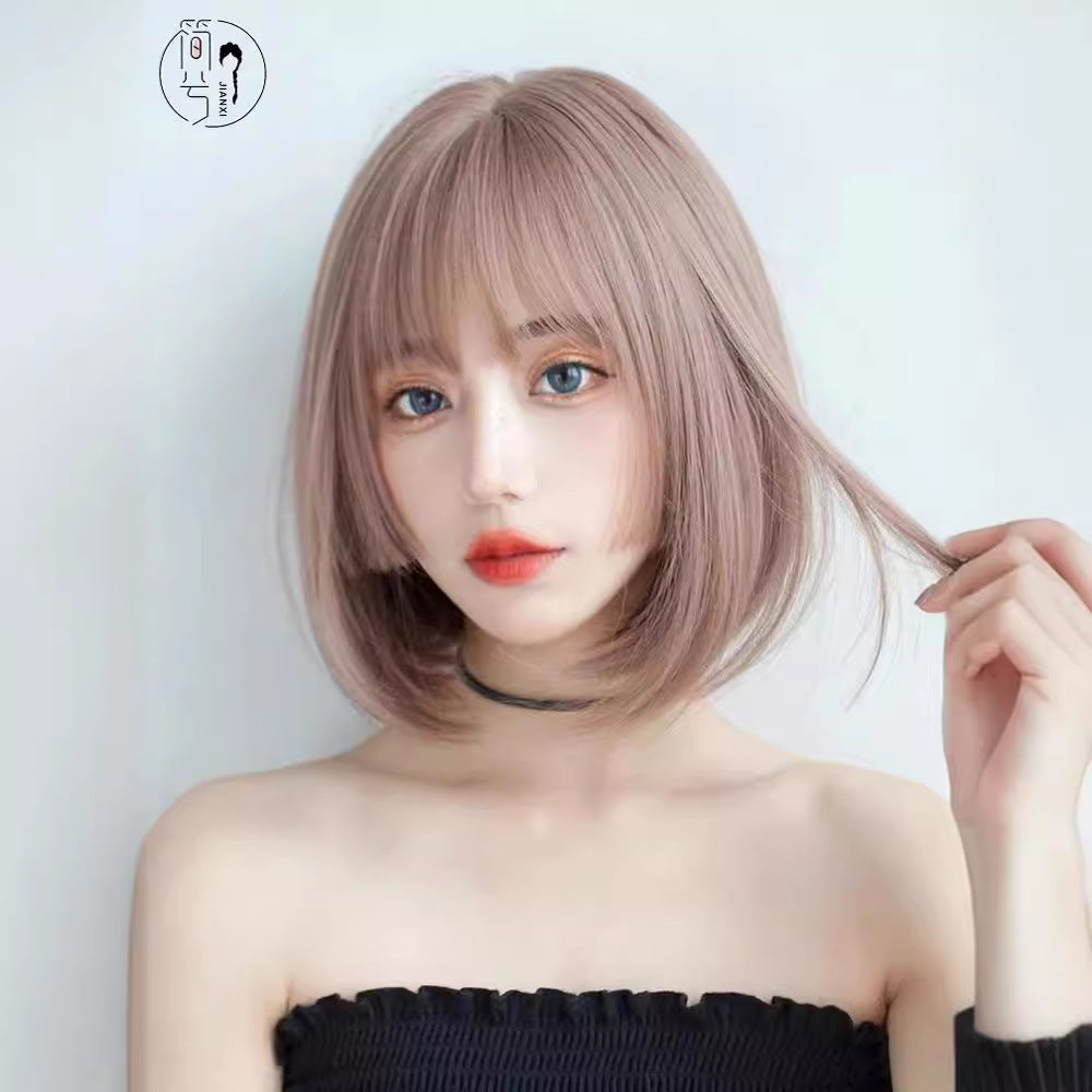 Female Head Round Face Gradient Pink Style Natural Simulation Age Wig Short Straight Hair