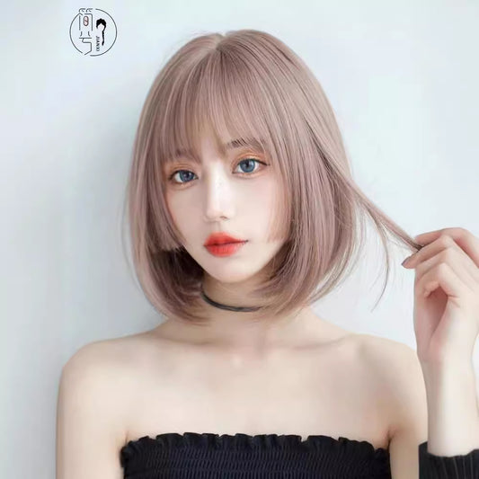 Female Head Round Face Gradient Pink Style Natural Simulation Age Wig Short Straight Hair